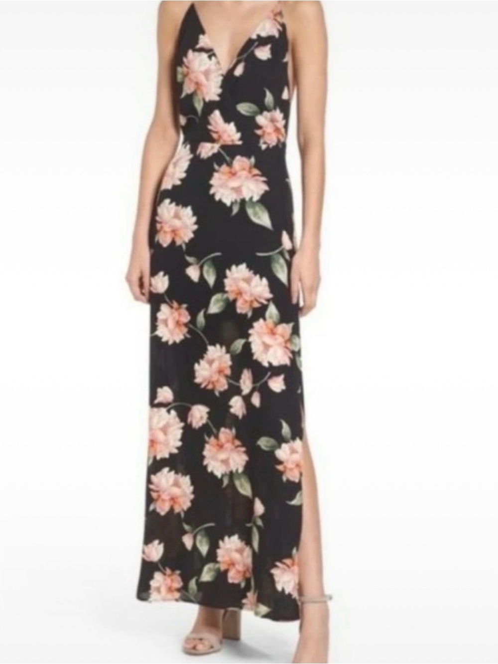 Lush Black Maxi Dress with Pink Floral Print